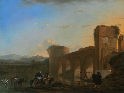 De Tiber met de Ponte Molle bij Zonsondergang door Jan Asselijn